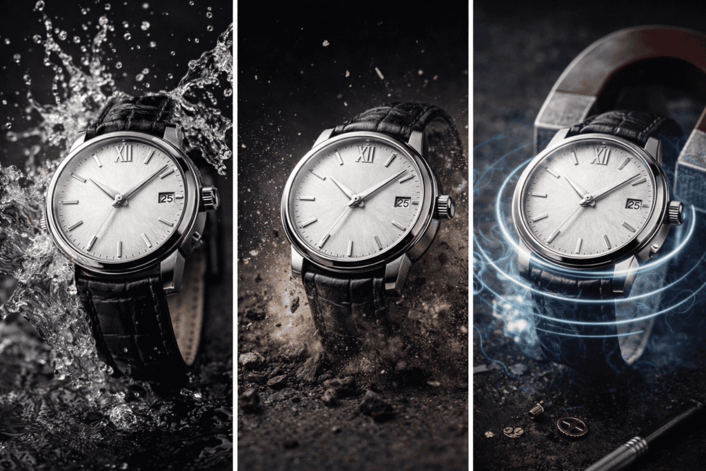 高級時計の寿命を縮める水や衝撃などNGな使い方のイメージ