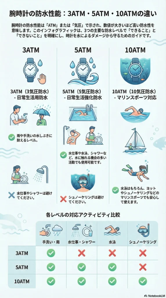 防水等級(3ATM・5ATM・10ATM)の目安を示した図解